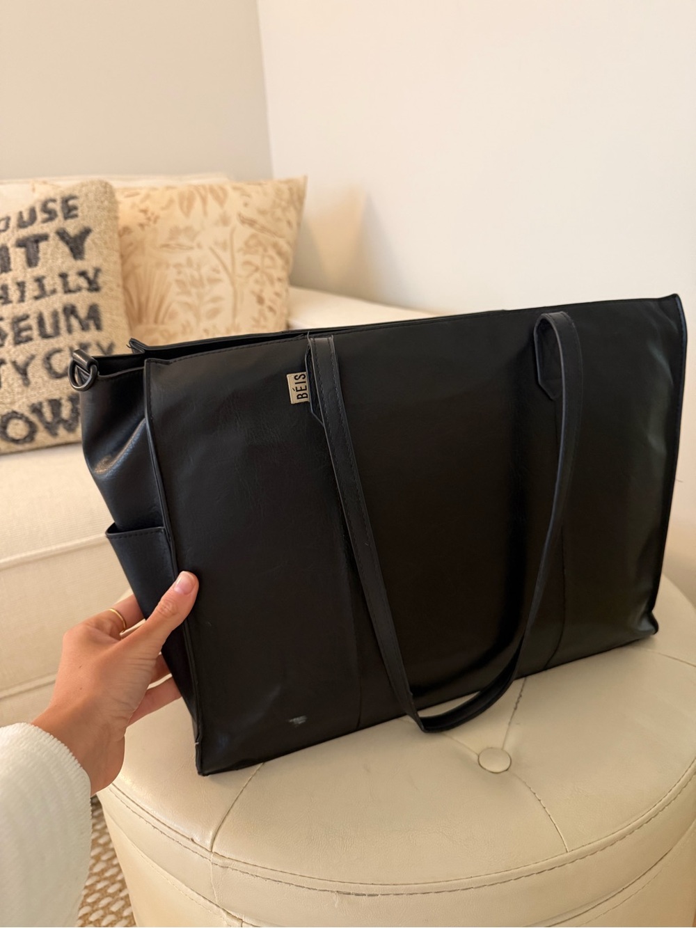 BEIS Black Vegan Leather Tote with Side Pockets